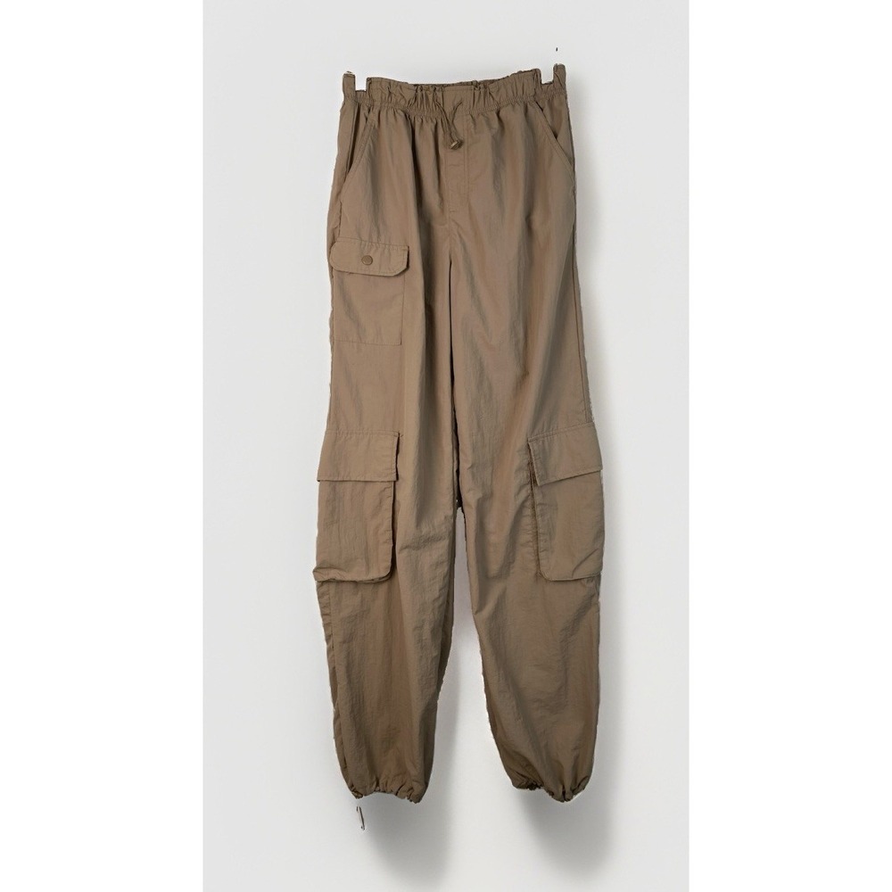 Love Tree Women's S Tan Nylon Elastic Drawstring Waist Cargo Jogger Pants